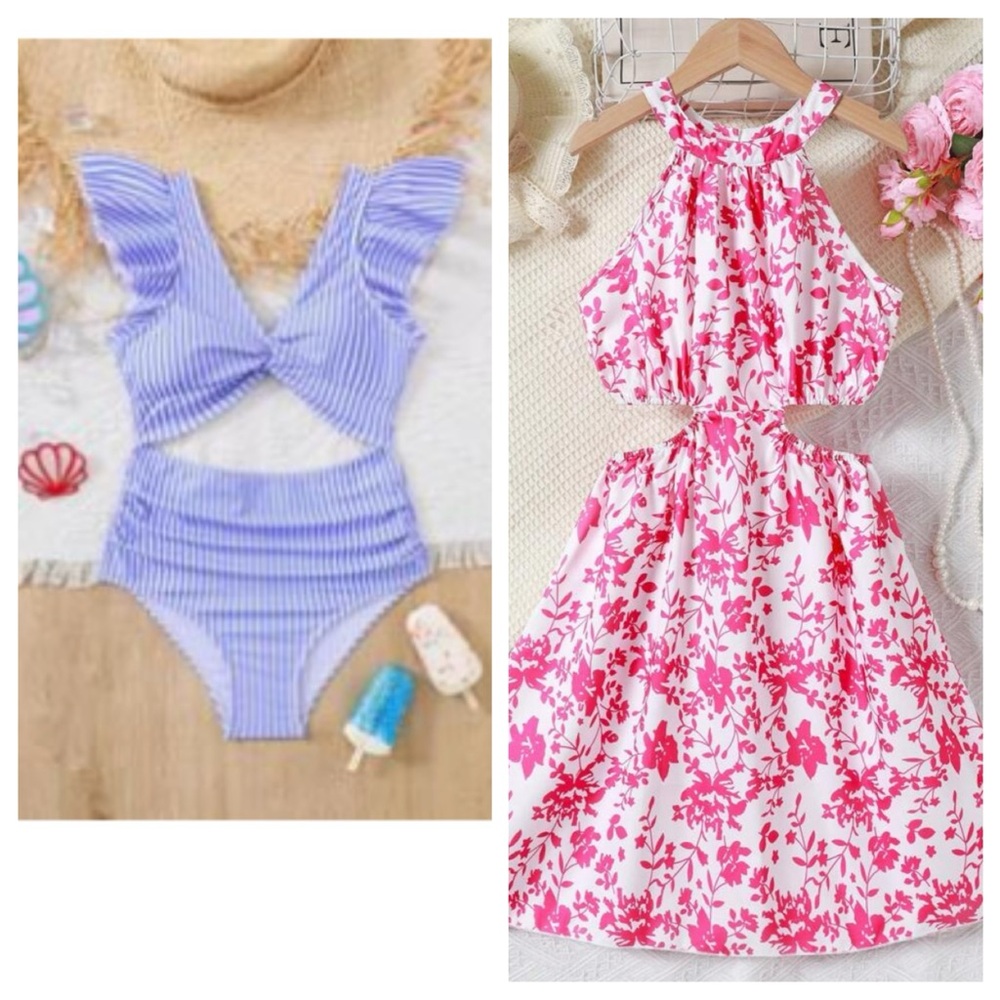 Floral Pink dress/ Blue stripe swim